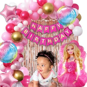 Barbie / Princess Theme Birthday Decoration For Girls 67Pc Combo - 60Pc Multicolor Balloons, 5Pc Princess Foil Balloon Set, 1 Pink Birthday Banner, 1Pc Rose Gold Curtain ( Princess Birthday Decoration )  With Decorative Service At Your Place.