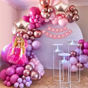 Barbie Theme Birthday Decoration, Pink Princess Birthday Decorations Combo With Barbie Foil Balloons For Girls, Daughter , Pink Balloon , Rose Gold And Barbie Party Decoration Kit 71 Pc With Decorative Service At Your Place.