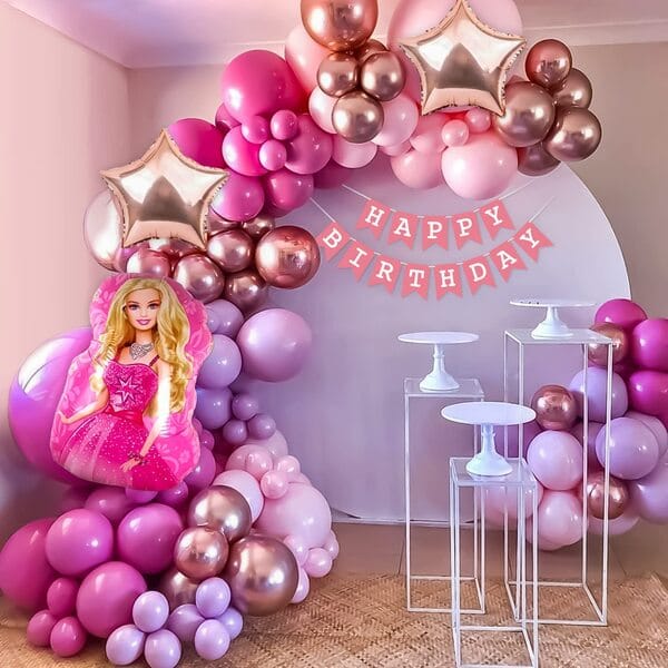 Barbie Theme Birthday Decoration, Pink Princess Birthday Decorations Combo With Barbie Foil Balloons For Girls, Daughter , Pink Balloon , Rose Gold And Barbie Party Decoration Kit 71 Pc With Decorative Service At Your Place.