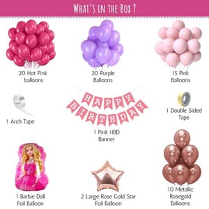 Barbie Theme Birthday Decoration, Pink Princess Birthday Decorations Combo With Barbie Foil Balloons For Girls, Daughter , Pink Balloon , Rose Gold And Barbie Party Decoration Kit 71 Pc With Decorative Service At Your Place.