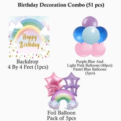 Rainbow Theme Birthday Party Decoration With Happy Birthday Backdrop Banner And Foil Balloons 51Pc With Decorative Service At Your Place.