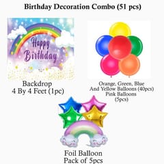 Rainbow Theme Birthday Party Decoration With Happy Birthday Backdrop Banner And Foil Balloons 50Pc With Decorative Service At Your Place.