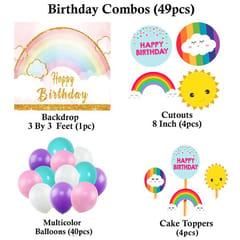 Rainbow Theme Birthday Party Decoration With Happy Birthday Backdrop Banner And Foil Balloons 49Pc With Decorative Service At Your Place.