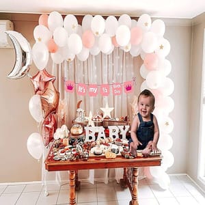 Star Moon Theme Half Birthday Decoration For Baby Girl With Its My Half Birthday Banner,Rose Gold,White Balloons,Silver Net Fabric Backdrop Diy Combo With Fairy Led Lights - 73 Pc Set  With Decorative Service At Your Place.