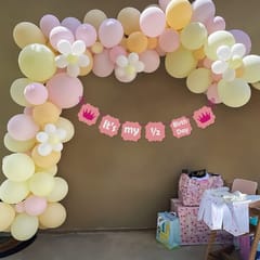 Half Yearly Happy Birthday Decorations For Girls/Kids/Multicolor Pastel Balloon Kit With A Banner Of 6 Months B'Day/Peach, Pink, Yellow & White Balloons/Flower Clips/ Backdrop-87 Pcs  With Decorative Service At Your Place.