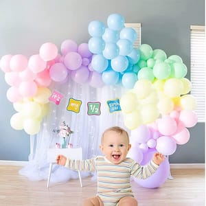 Half Birthday Decoration For Baby Boy , Girl ,Bday Decor Photoshoot Items In Pastel Rainbow Net Fabric Backdrop,Balloon Garland Arch Tape, Fairy Led Lights - 62 Pc Set,Half Year Bday  With Decorative Service At Your Place.