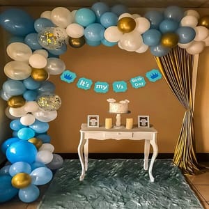 70 Pcs Half Birthday Decorations Items For Baby Boy With Its My Half Birthday Banner, Blue, White , Gold Metallic & Confetti Balloons For Half Birthday Decoration For Baby Boy, Backdrop For Baby Photoshoot Birthday Decoration Kit For Boys Baby Birthday Decoration Items  With Decorative Service At Your Place.
