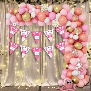 Naming Cermony Pink Decoration Combo (105 Pcs), Naming Ceremony Party Items, Party Decoration Supplies (Balloons Arch Kit, Banner, Fairy Lights)  With Decorative Service At Your Place.