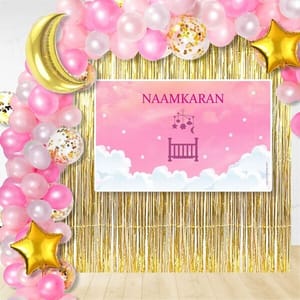 Girl Naming Ceremony Foil Curtain And Naamkaran Backdrop For Baby Girl Naming Ceremony Set Of 67Pc With Decorative Service At Your Place.