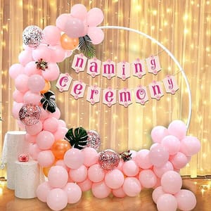 Naming Cermony Pink Decoration Combo (105 Pcs), Naming Ceremony Party Favors, Party Decoration Supplies (Balloons Arch Kit, Banner, Fairy Lights)  With Decorative Service At Your Place.