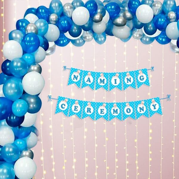 Boy Naming Ceremony Supplies With Banner, Foil Balloon, Arch Kit And Led Serial Lights (Blue - Pack Of 103)  With Decorative Service At Your Place.