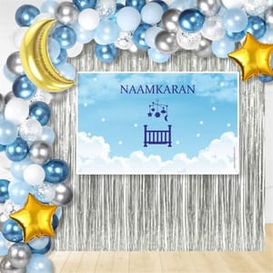 Blue Naming Ceremony Foil Curtain And Naamkaran Backdrop For Baby Boy Naming Ceremony Set Of 67Pc With Decorative Service At Your Place.