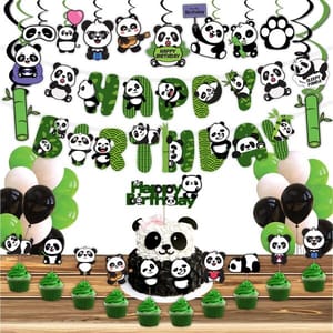 Cartoon Panda Birthday Decoration Supplies (61 Pcs),Children Party Decoration,Girl Birthday Party Decoration Full Birthday Set Banner,Swirls,Cake Topper,Cup Cake Topper & Balloons  With Decorative Service At Your Place.