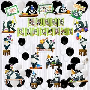 Happy Birthday Panda Theme Decoration Black And White Balloons White Curtain Panda Theme Cutouts Props & Cake Topper Panda Birthday Decoration Items (Pack Of 60, Black & White)  With Decorative Service At Your Place.