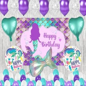 Little Mermaid Party Decorations Birthday Supplies For Girls Mermaid Latex Balloon Kit With Mermaid Backdrop Fringe Silver Curtains Under The Sea Party Decoration (Birthday) 74 Pcs With Decorative Service At Your Place.