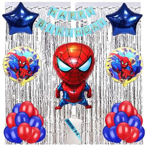 Spiderman Theme Birthday Decorations Kit Combo Of 52 Pcs For Baby Kids Boys, Spiderman Foil Balloon, Birthday Sash & Banner, Blue & Red Balloons, Silver Curtains  With Decorative Service At Your Place.