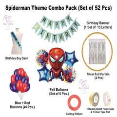 Spiderman Theme Birthday Decorations Kit Combo Of 52 Pcs For Baby Kids Boys, Spiderman Foil Balloon, Birthday Sash & Banner, Blue & Red Balloons, Silver Curtains  With Decorative Service At Your Place.