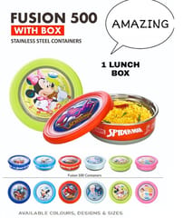 MICKEY MININE MOUSE Lunch Box  Steel Inner JOYO FUSION  with Steel Spoon, 500ml Insulated, for Back to School, College, Office, Gift & Return Gift (Colour And Print As Pr Availability )