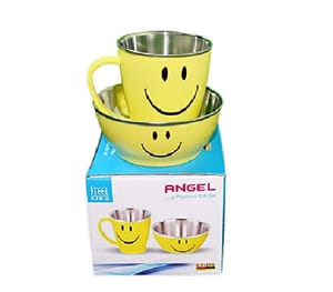 Smiley Glass Mug Bowl Double Wall Stainless Mugs for Kids Smiley Angel and Pari Glass Mug New Year Gift for Brother Sister Gift (Angel Gift Set 1)