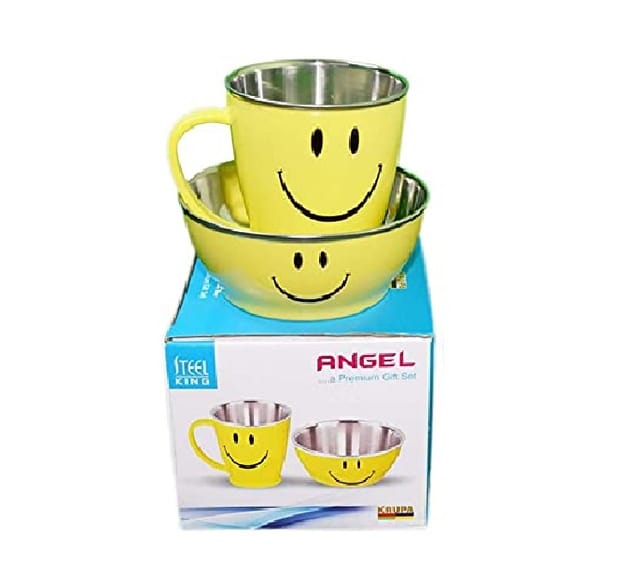 Smiley Glass Mug Bowl Double Wall Stainless Mugs for Kids Smiley Angel and Pari Glass Mug New Year Gift for Brother Sister Gift (Angel Gift Set 1)