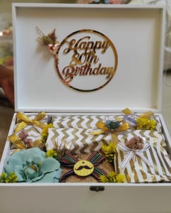 Birthday Gift Hamper Set of 7 Item Include champagne flutes,mug,Coaster,Face mask sheet ,Luxury Chocolate bars (2),Big Trunk box