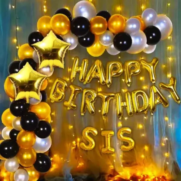 Happy Birthday Balloons Decorations Kit For Sister (SIS) - Gold Black & Silver theme for Birthday Party Decorations With Decoration service at your place