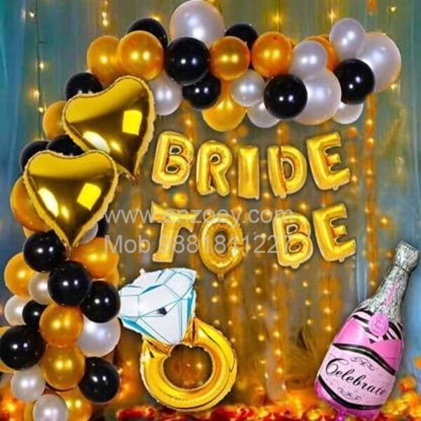 Complete Balloons Decoration Combo for Bride Bachelorette Party Decoration "BRIDE TO BE" - Golden, Black & Silver theme with With Decoration service at your place