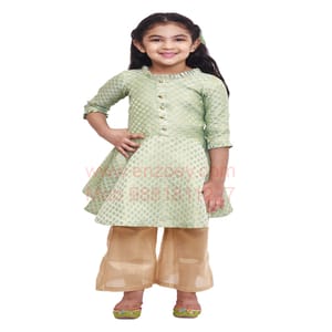 Brocade Girls Dress with Plazo- Green and Golden