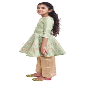 Brocade Girls Dress with Plazo- Green and Golden
