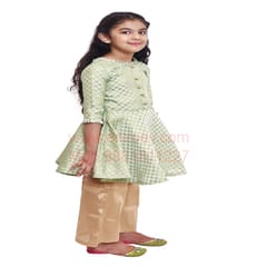 Brocade Girls Dress with Plazo- Green and Golden