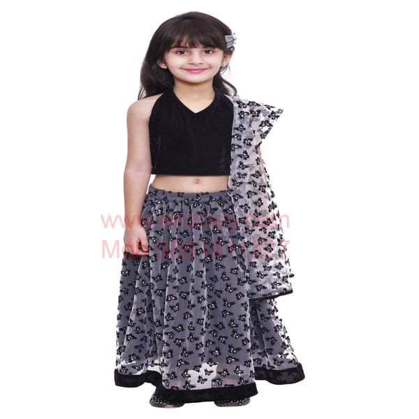 Girl's Lehanga Choli Butterfly Print - Black