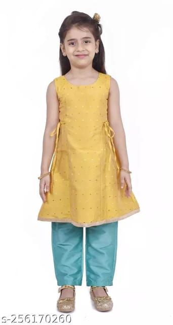 Girls Dress with Plazo - Yellow and Green