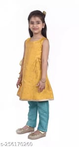 Girls Dress with Plazo - Yellow and Green
