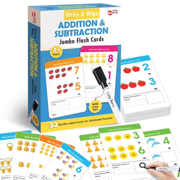 ADDITION & SUBTRACTION Write & Wipe Math Flashcards (With Marker Pen) - 32 Cards