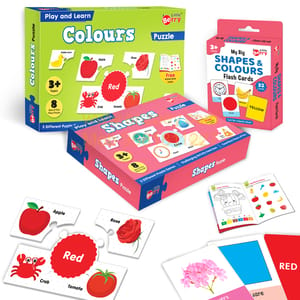 Shapes and Colours Puzzle Combo For Kids With Activity Book and Flash Cards (112 Pieces)