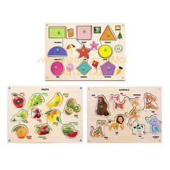 Wooden Puzzle with Knobs Educational and Learning Toy for Kids (Shapes, Fruit & Animal)