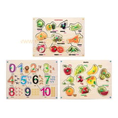 Wooden Puzzle with Knobs Educational and Learning Toy for Kids (Vegetable, Number & Fruits)