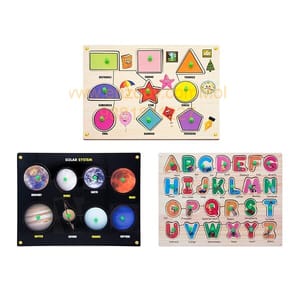 Wooden Puzzle with Knobs Educational and Learning Toy for Kids (Shapes, Solar & Alphabet)