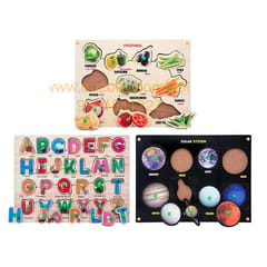 Wooden Puzzle with Knobs Educational and Learning Toy for Kids (Vegetable, Alphabet & Solar)