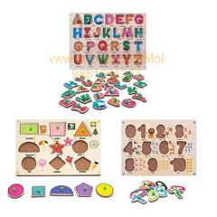 Wooden Puzzle with Knobs Educational and Learning Toy for Kids (Alphabet, Shapes & Number)