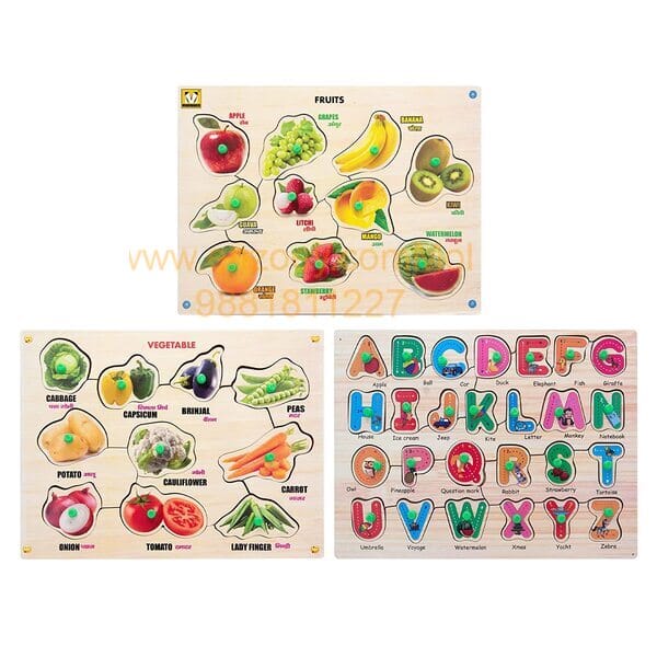 Wooden Puzzle with Knobs Educational and Learning Toy for Kids (Fruits-Alphabet-Vegetable)