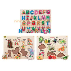 Wooden Puzzle with Knobs Educational and Learning Toy for Kids (Alphabet,Animal & Vegetable)