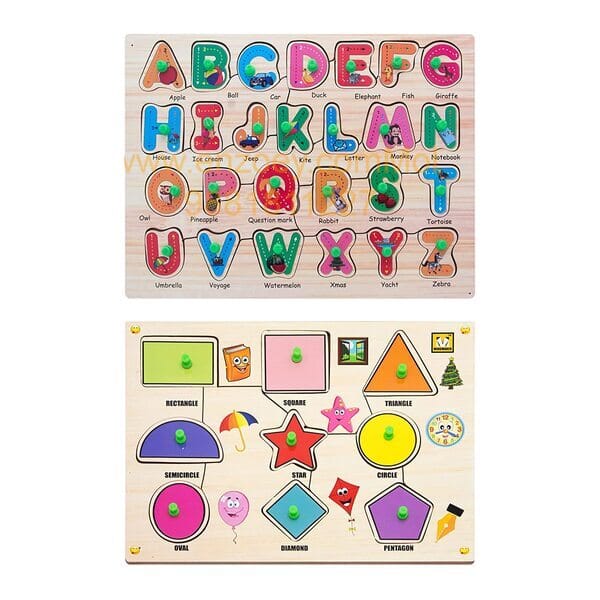 Wooden Puzzle with Knobs Educational and Learning Toy for Kids (Alphabet & Shapes)