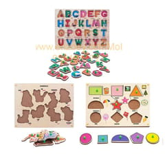 Wooden Puzzle with Knobs Educational and Learning Toy for Kids (Alphabet, Animal & Shapes)