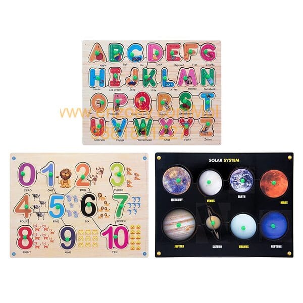 Wooden Puzzle with Knobs Educational and Learning Toy for Kids (Solar SYTEM-Number-Alphabet)