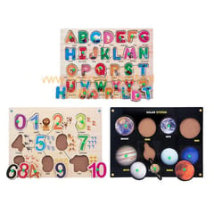 Wooden Puzzle with Knobs Educational and Learning Toy for Kids (Solar SYTEM-Number-Alphabet)