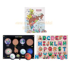 Wooden Puzzle with Knobs Educational and Learning Toy for Kids (India Map, Alphabet & Solar System)