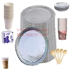 100%Biodegradable Eco Friendly 12 Inch Paper Dinner Plates,Paper Glasses, Tiffin Plates,Wooden Spoons,Paper Tea Cups,Tissues,Tooth Picks,All Items Combo (Total 175 pcs)