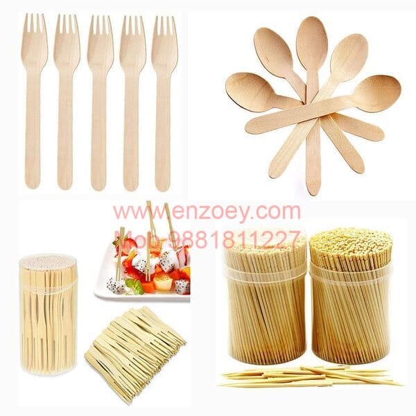 Products ( 4 in 1 ) Biodegradable Wooden Utensils 50pcs Wooden Forks + 50pcs Wooden Spoons + 50pcs Wooden Toothpicks + 50pcs Fruit Forks ( Pack in 200) Great for Parties, Camping, Weddings