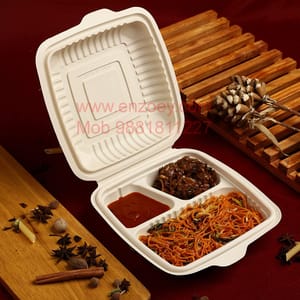 3 Compartment Clamshell (Pack of 10) with attached Lid (22 cm x 22 cm x 6 cm)